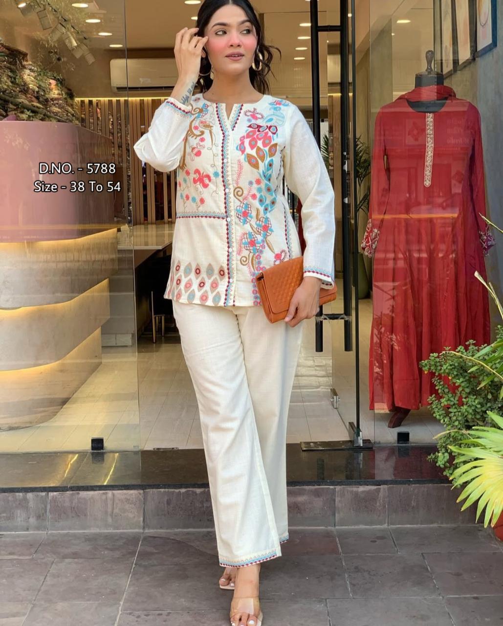 Heavy Cotton Slub Aari Embroidered Co-ord Set with Short Shirt & Pant