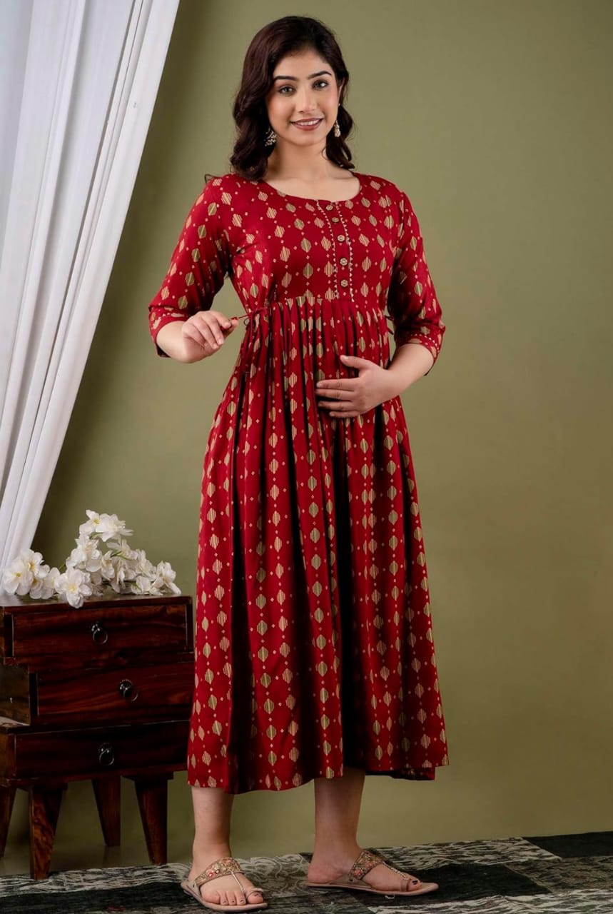 Red Printed Maternity Gown in Soft Rayon Fabric
