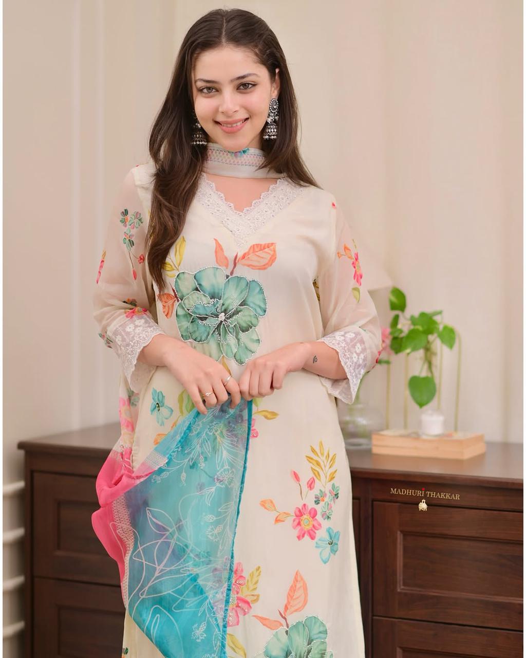 Premium Reshmi Organza Digital Print Suit Set with Handwork & Dupatta – 3 Piece