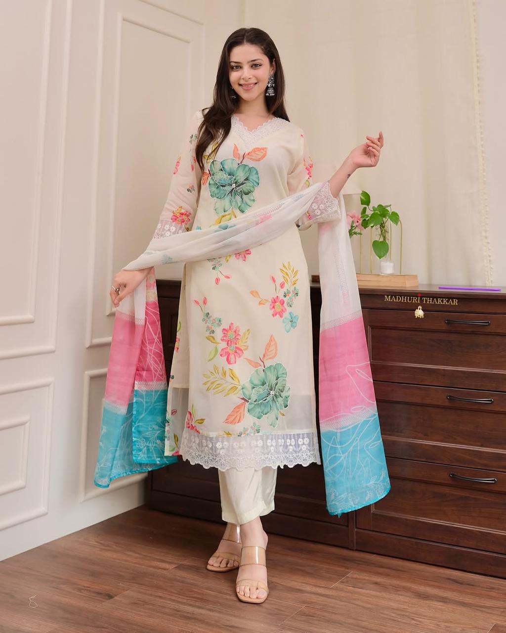 Premium Reshmi Organza Digital Print Suit Set with Handwork & Dupatta – 3 Piece