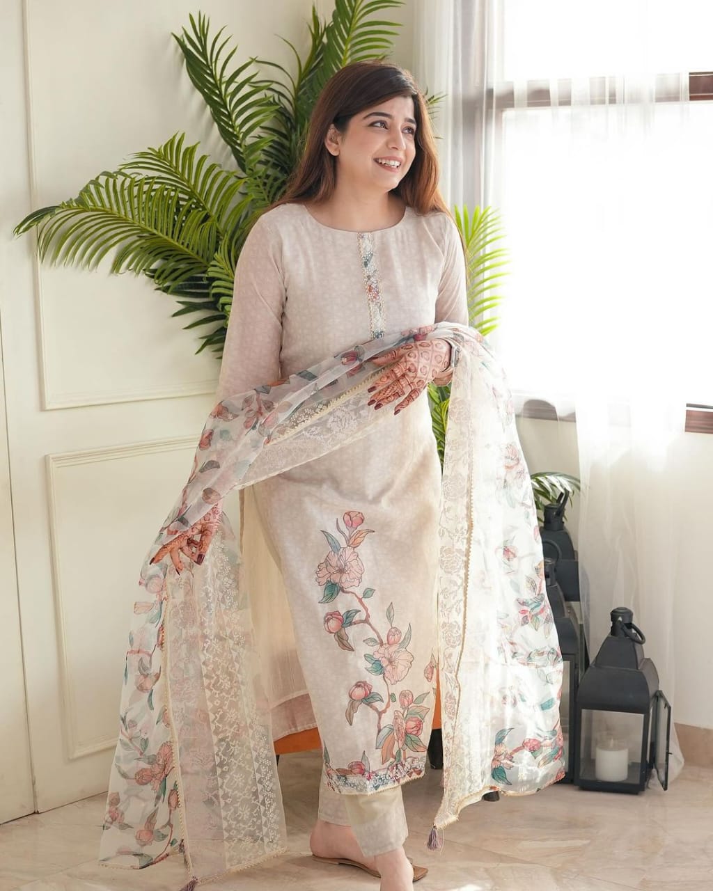 Premium Party Wear Cotton Lilan Embroidered Kurti Set with Organza Dupatta – 3 Piece