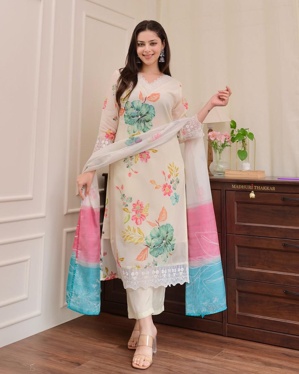 Premium Reshmi Organza Digital Print Suit Set with Handwork & Dupatta – 3 Piece