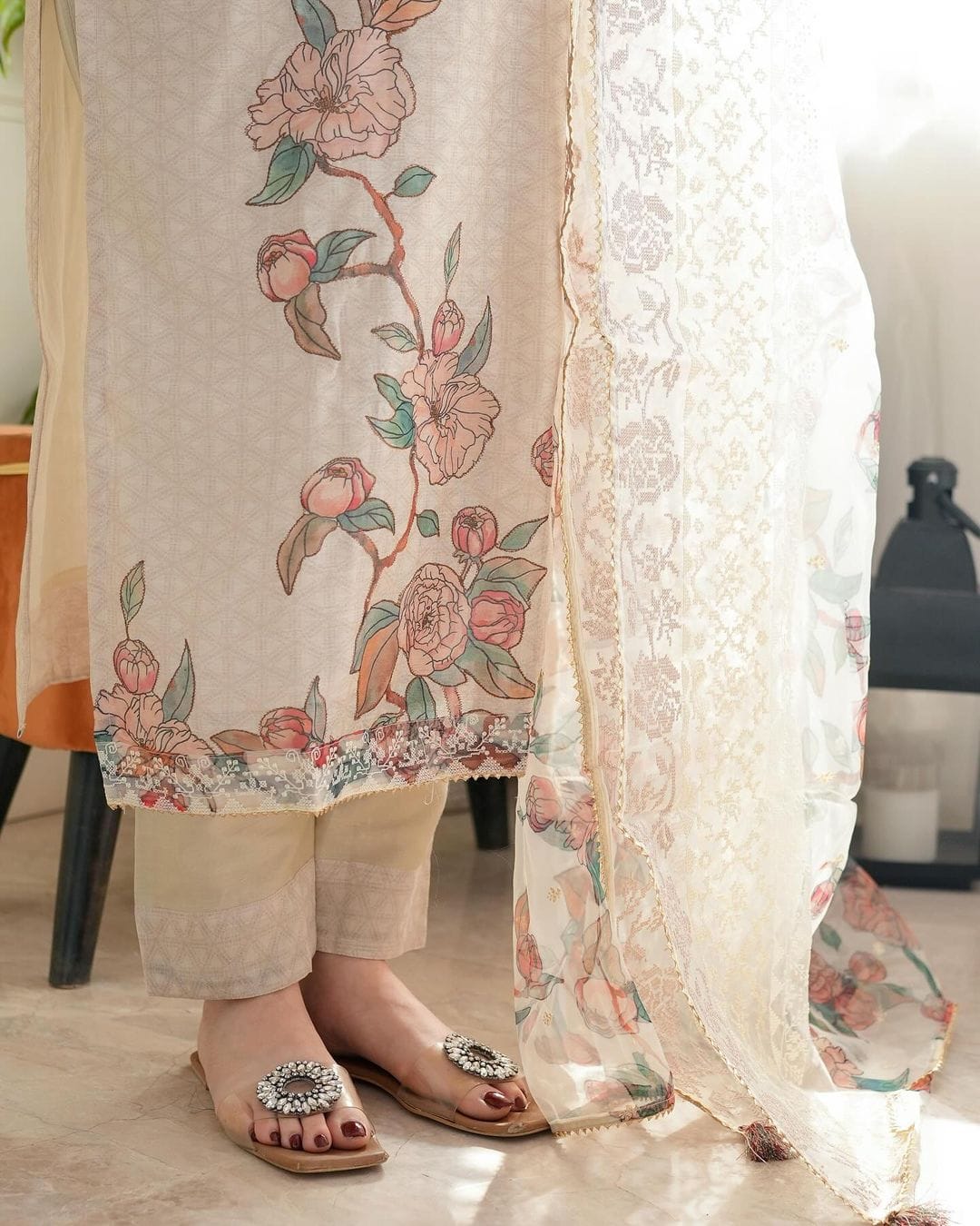 Premium Party Wear Cotton Lilan Embroidered Kurti Set with Organza Dupatta – 3 Piece