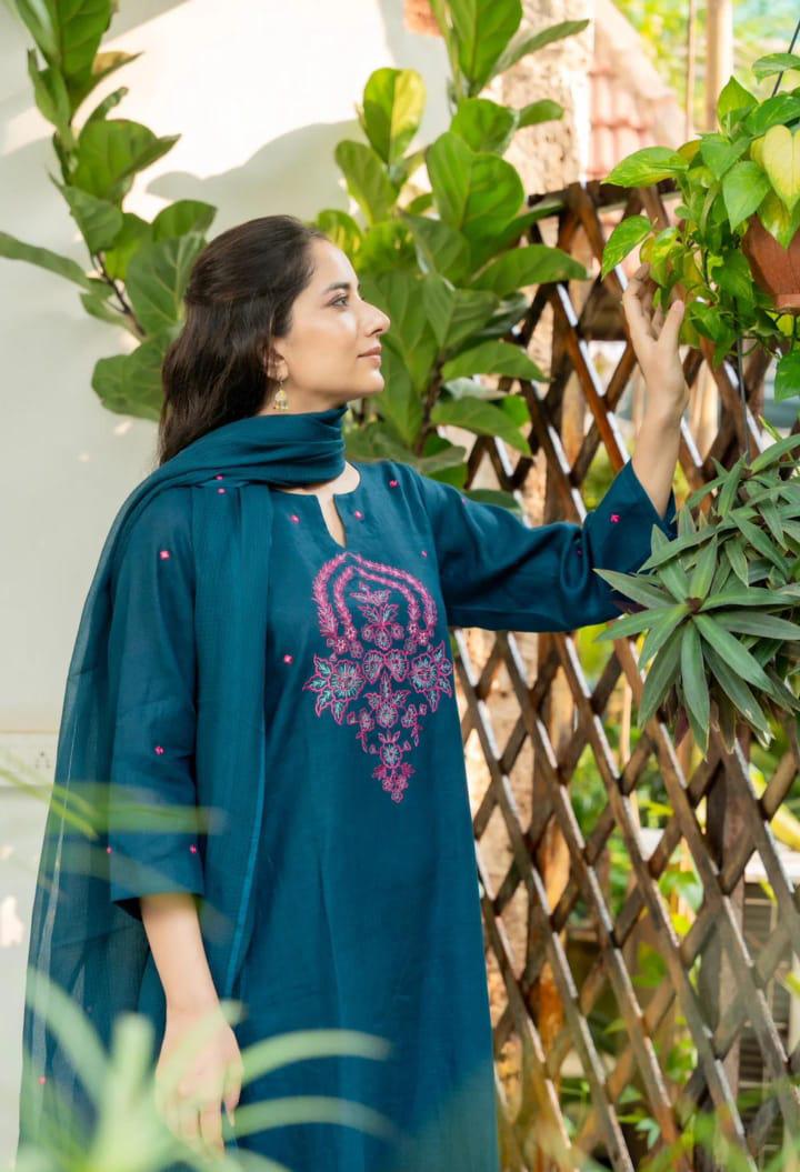 Premium A-Line Cotton Slub Kurta Set with Floral Embroidery & Dupatta