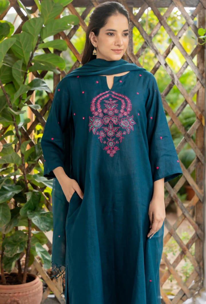 Premium A-Line Cotton Slub Kurta Set with Floral Embroidery & Dupatta
