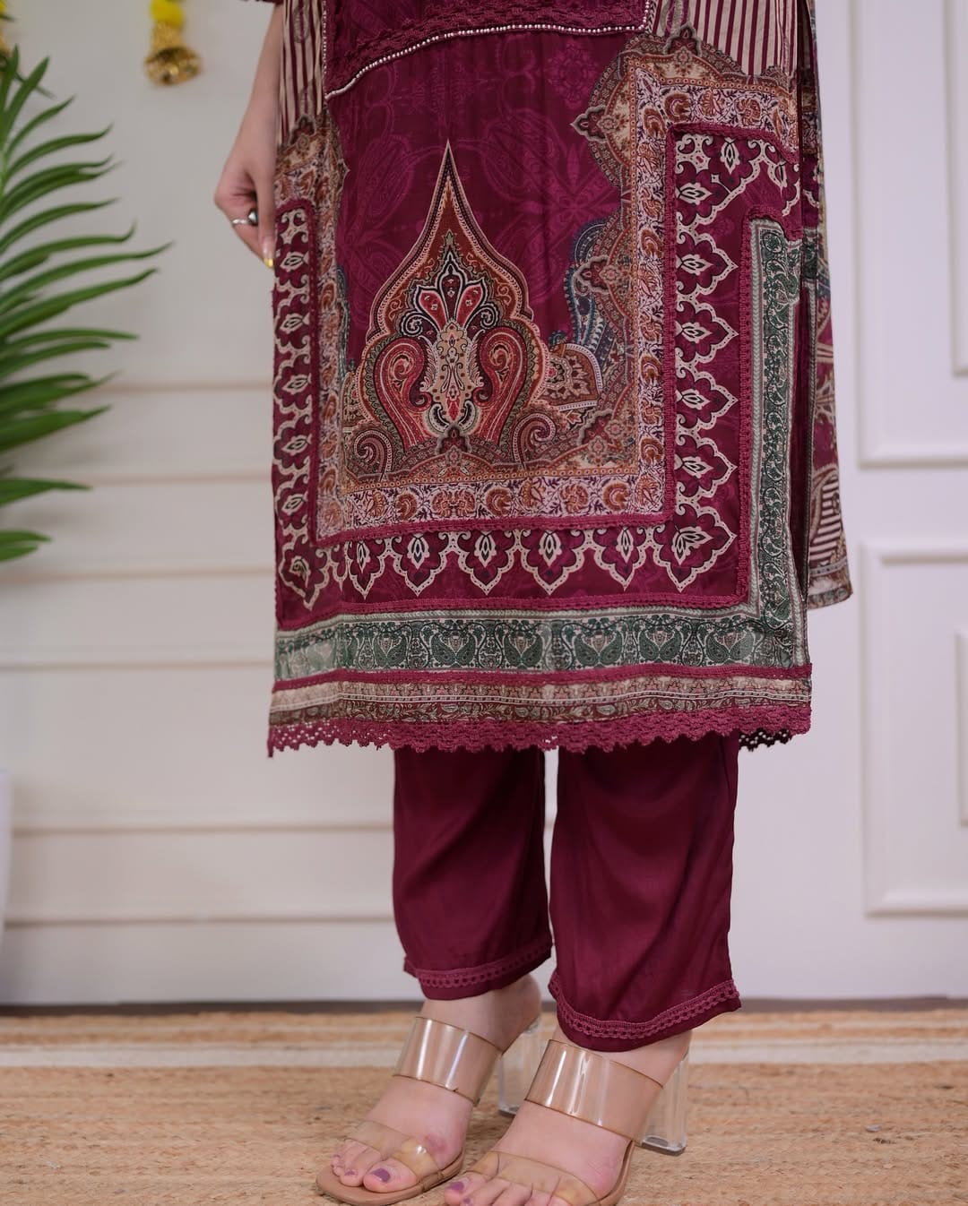 Maroon Rajhans Muslin Suit with Digital Print & Hand Embroidery