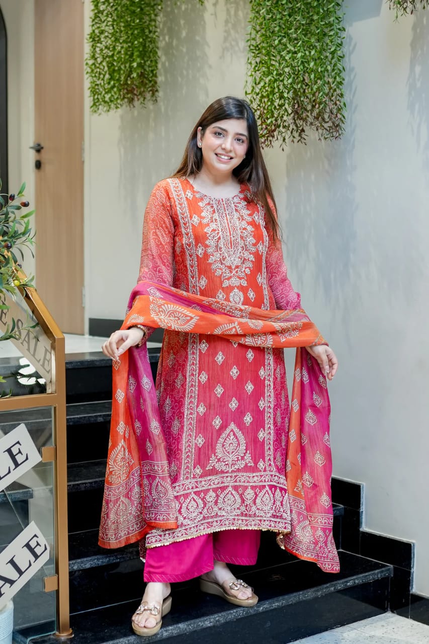 Festival Special Pure Chinnon Chandani Suit Set with Hand Embroidery