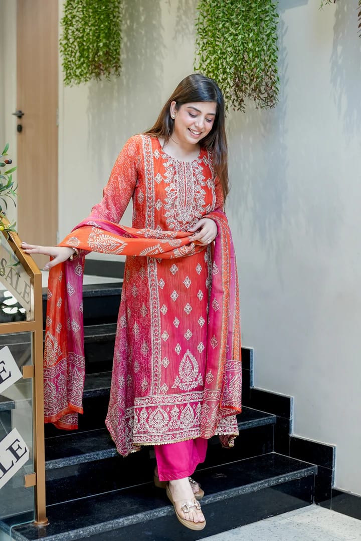 Festival Special Pure Chinnon Chandani Suit Set with Hand Embroidery