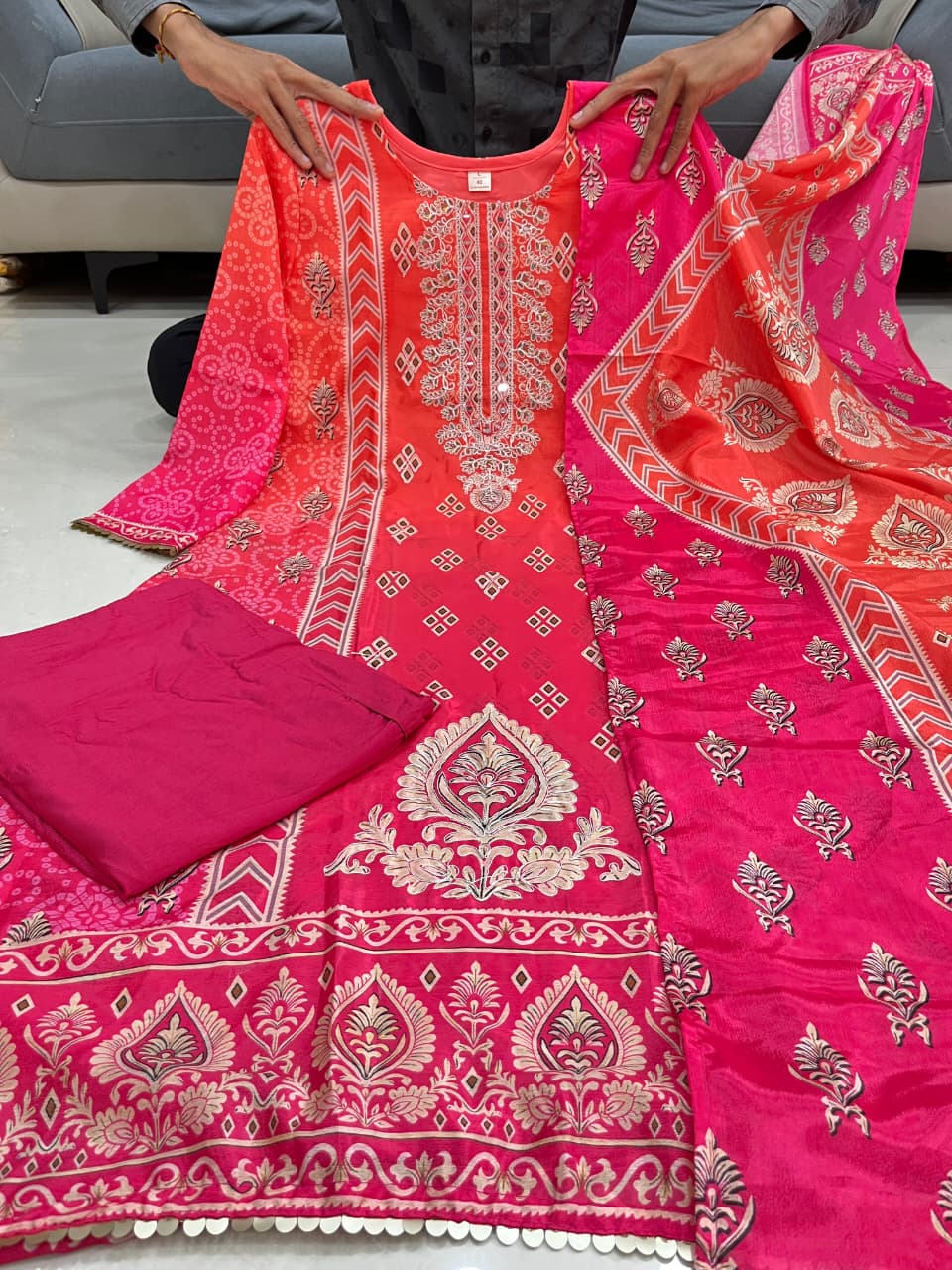 Festival Special Pure Chinnon Chandani Suit Set with Hand Embroidery