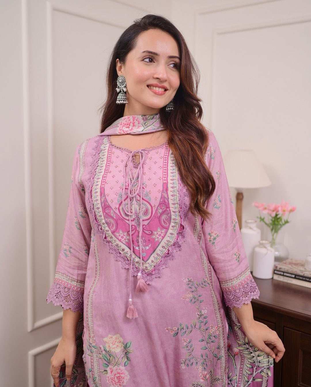 Lilac Muslin Suit with Digital Print & Hand Embroidery – Kurti, Pant & Dupatta Set