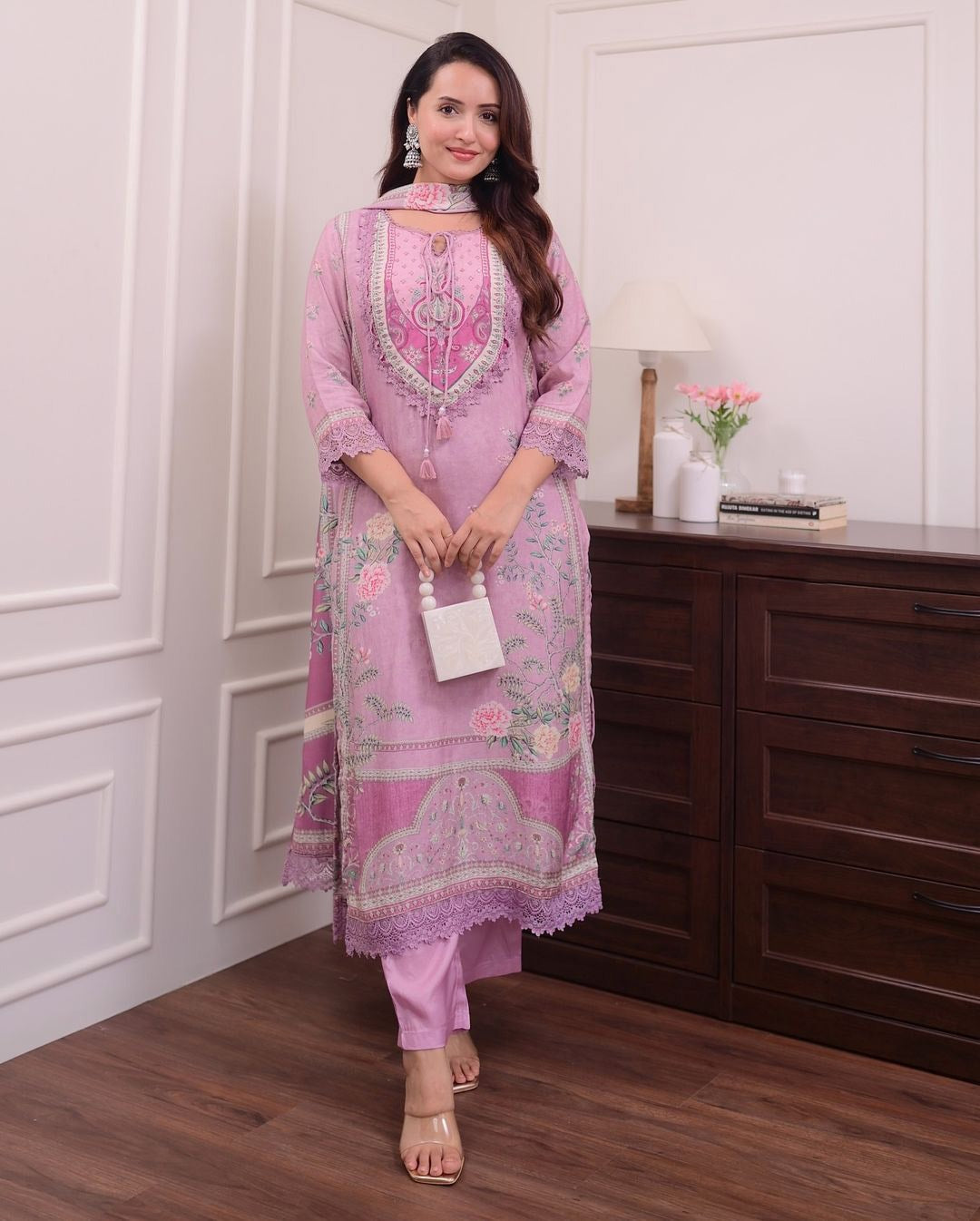 Lilac Muslin Suit with Digital Print & Hand Embroidery – Kurti, Pant & Dupatta Set