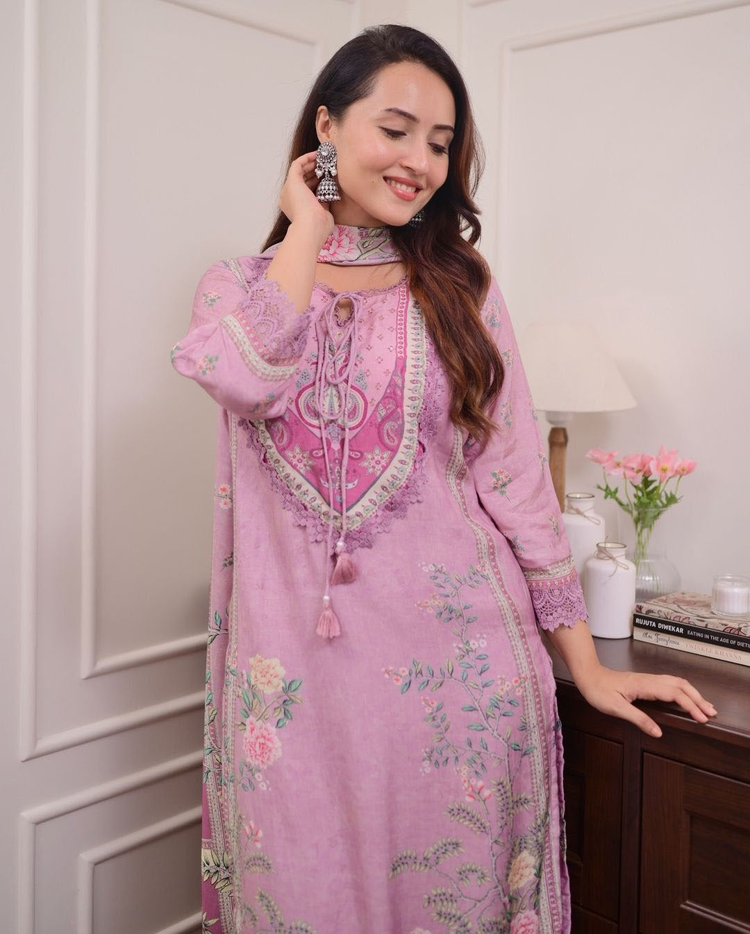 Lilac Muslin Suit with Digital Print & Hand Embroidery – Kurti, Pant & Dupatta Set
