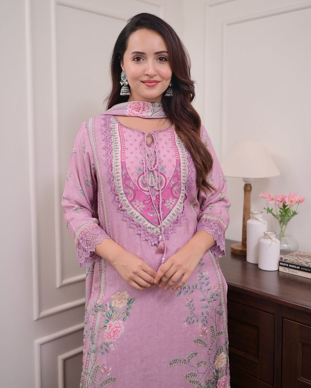 Lilac Muslin Suit with Digital Print & Hand Embroidery – Kurti, Pant & Dupatta Set