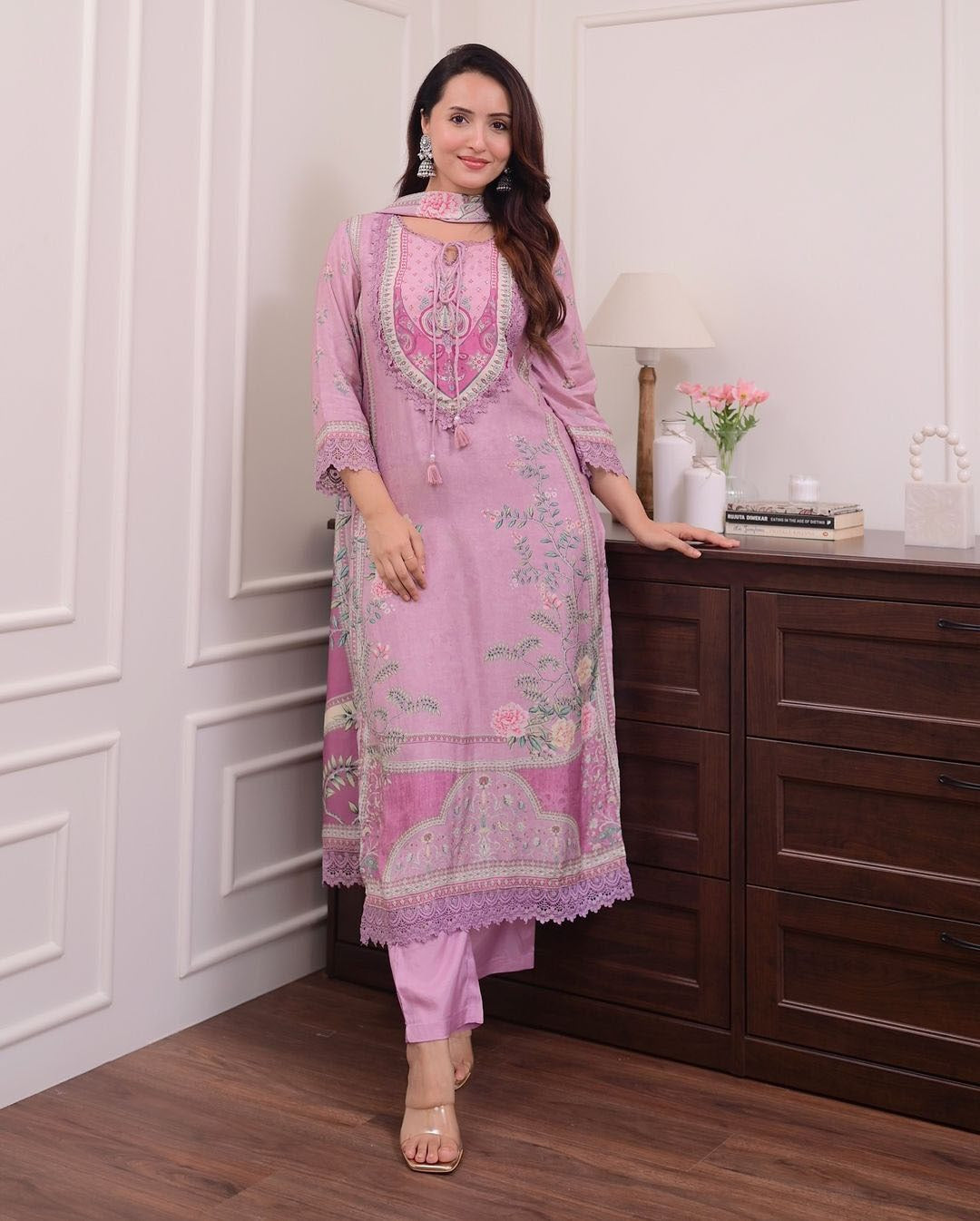 Lilac Muslin Suit with Digital Print & Hand Embroidery – Kurti, Pant & Dupatta Set