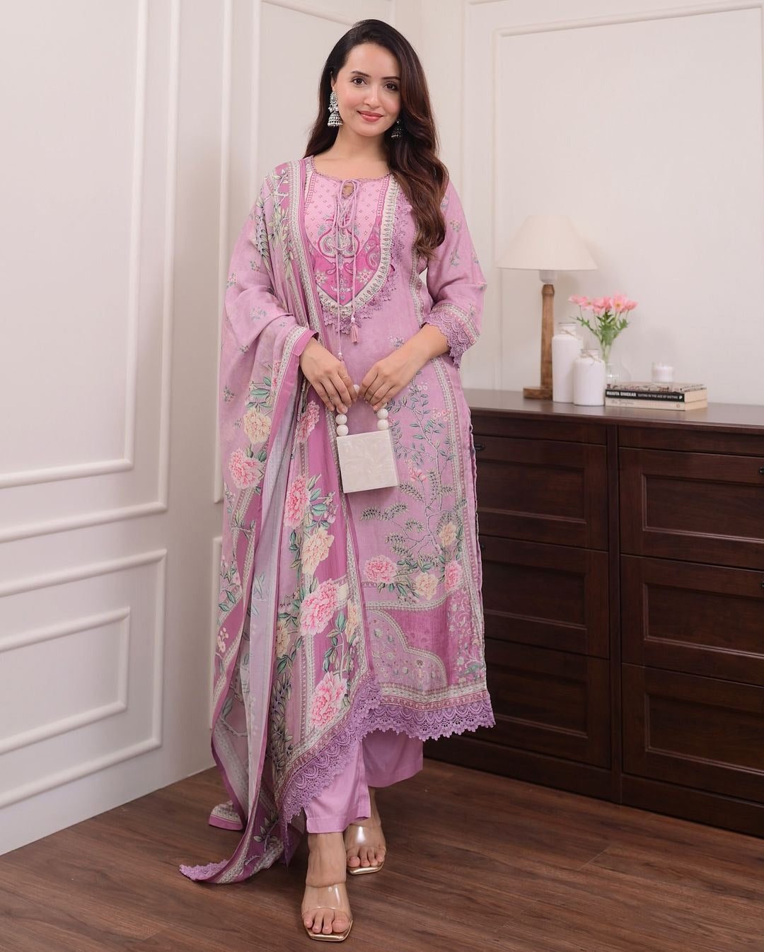 Lilac Muslin Suit with Digital Print & Hand Embroidery – Kurti, Pant & Dupatta Set
