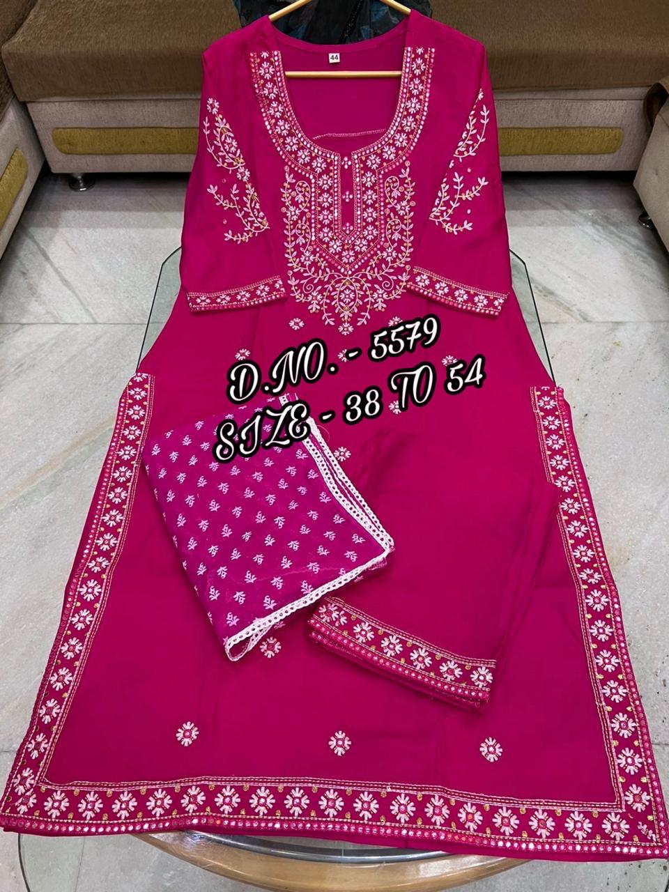 Heavy Rayon Fabric Long Embroidery work Kurta With Pant & Mulmul Dupatta .