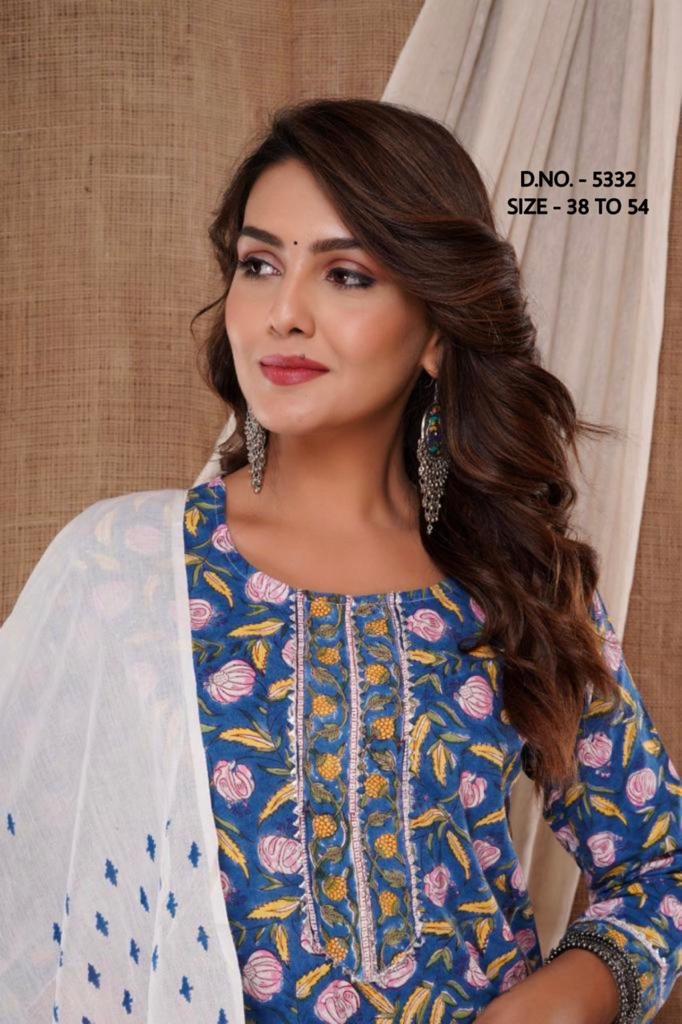 Pure Cotton Cambric Hand Block Fabric Kurta With Pant & Mulmul Dupatta Set