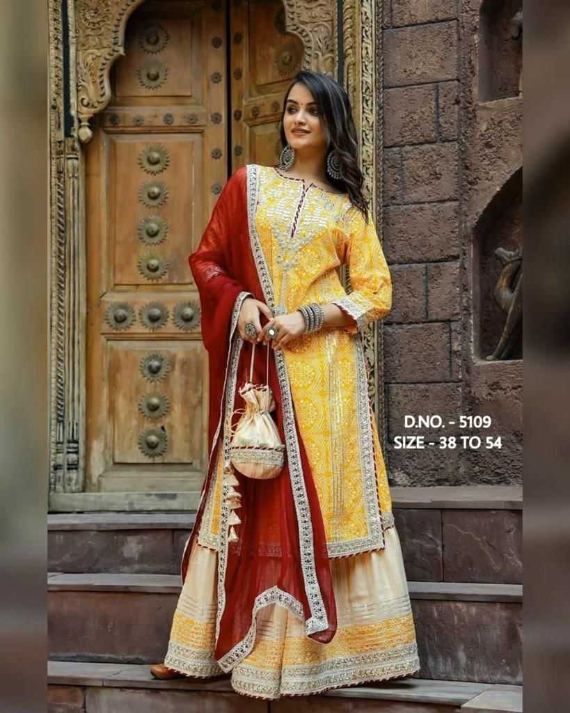 Heavy Rayon Fabric Embroidery Work Kurta With Cotton Flared Sharara & Chiffon Dupatta.