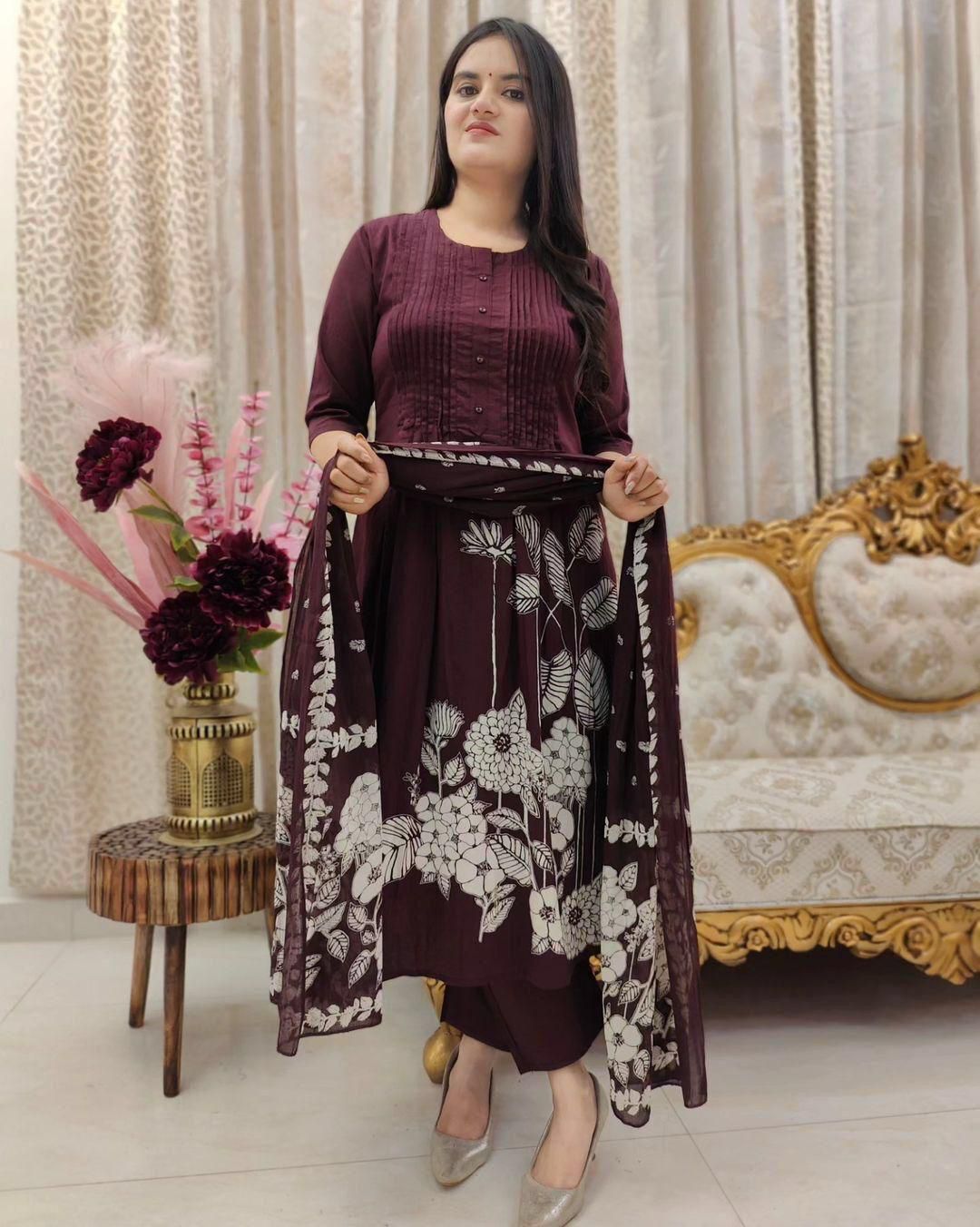 Premium Rayon Jaipur Print A-Line Suit Set with Sequins Work & Lace Dupatta