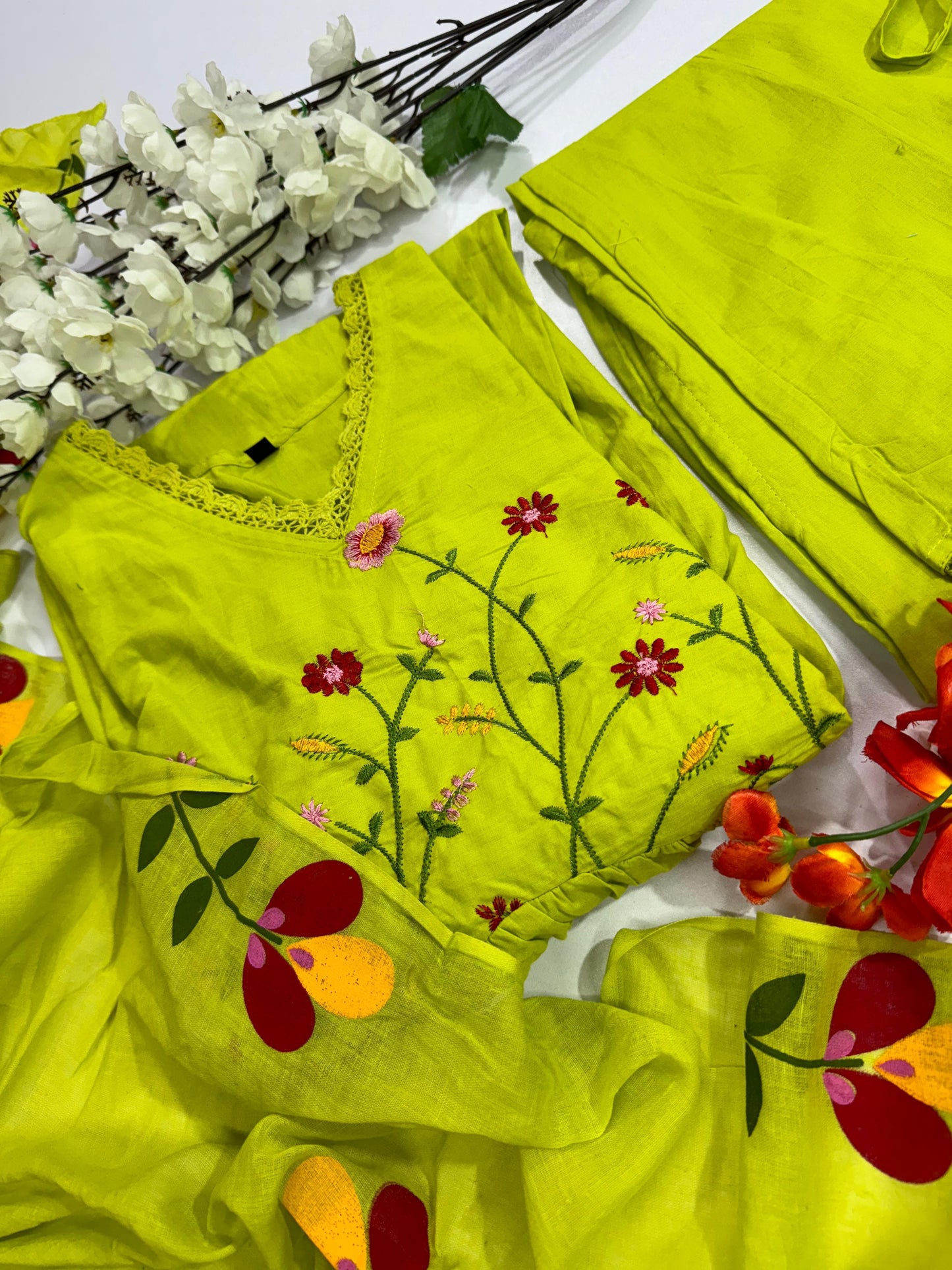 Premium Pure Cotton Embroidered Suit Set with Sequins and Discharge Print