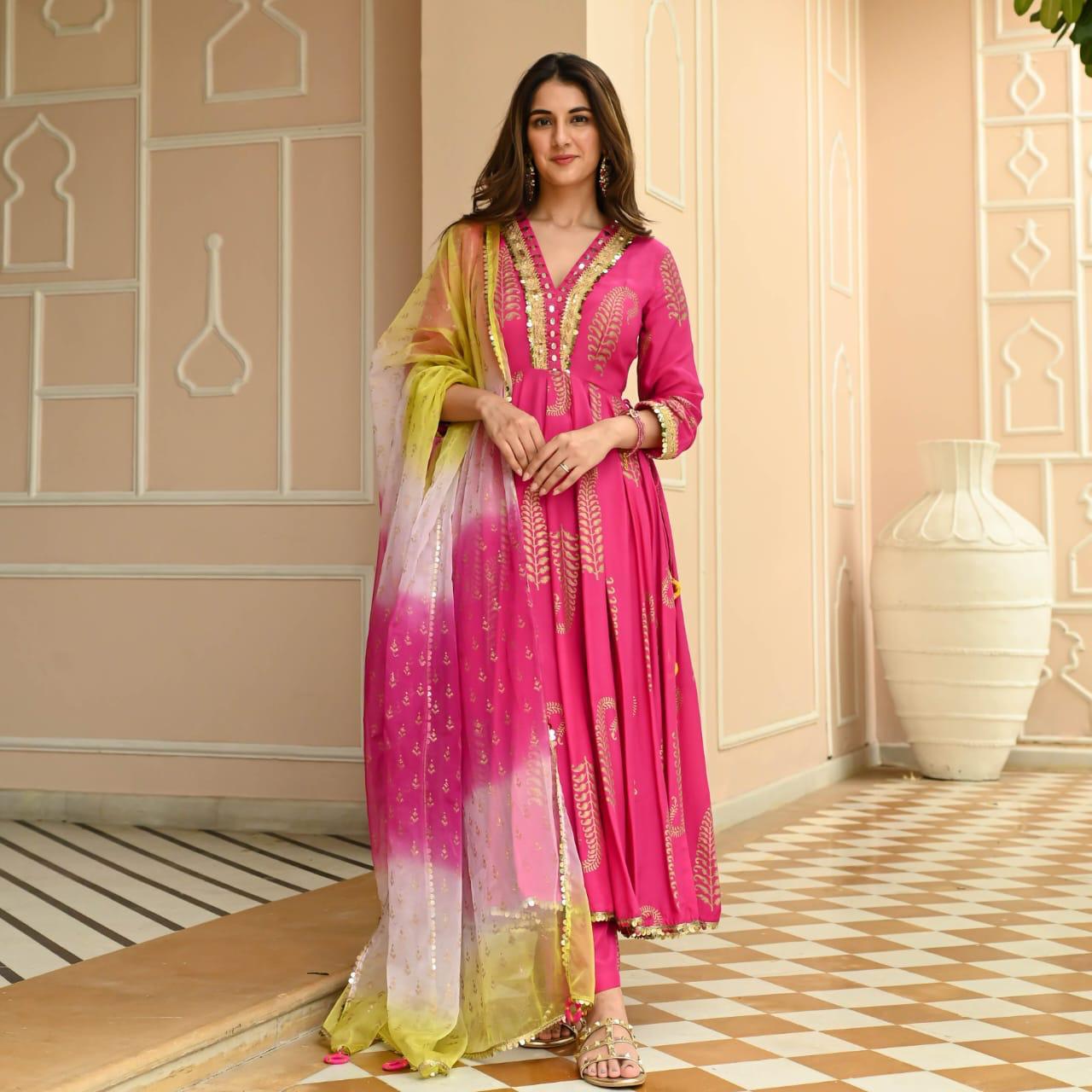 New Article For Festive Session Fabric Rayon Gold Printed Naira Cut Kurta with Pant & Dupatta Set