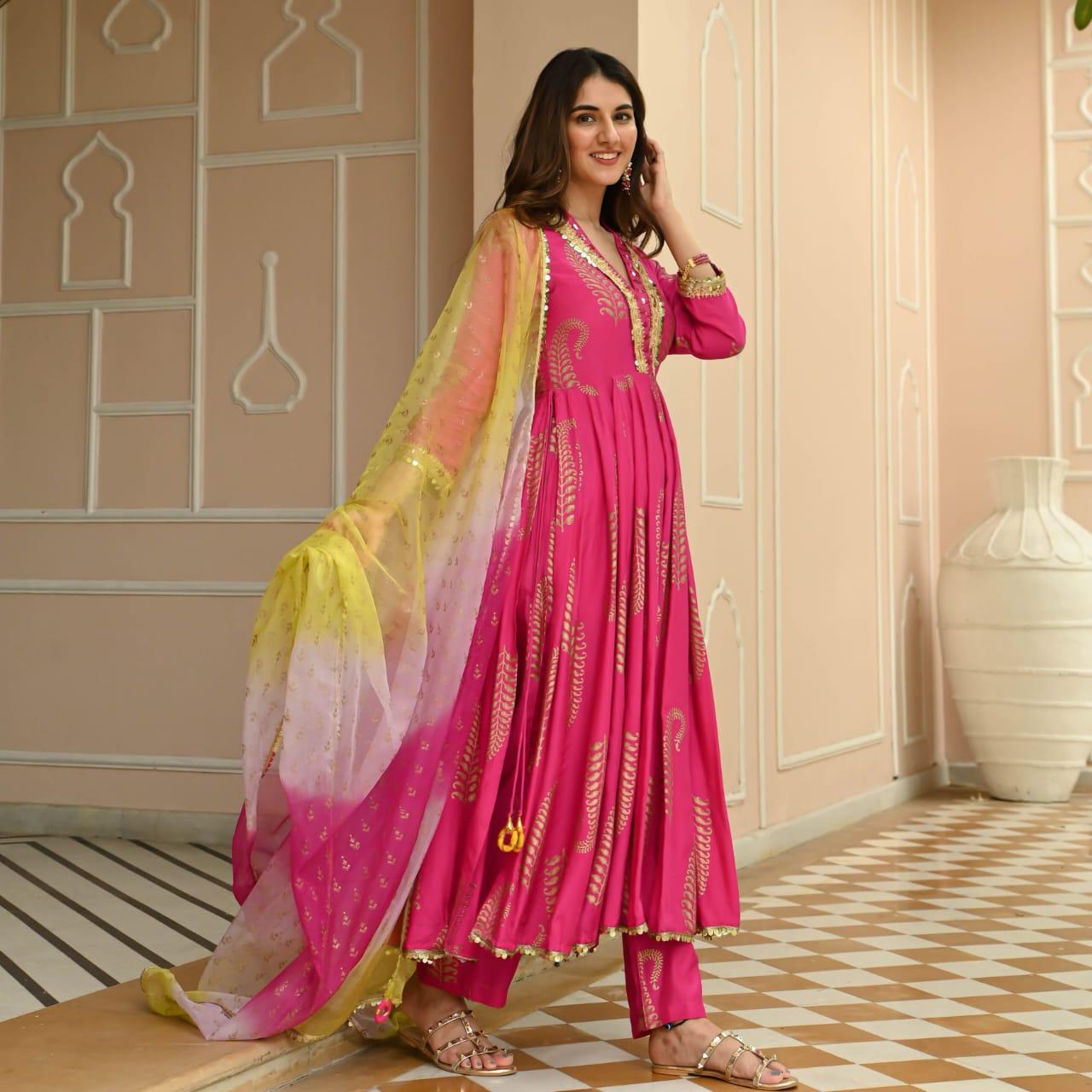 New Article For Festive Session Fabric Rayon Gold Printed Naira Cut Kurta with Pant & Dupatta Set