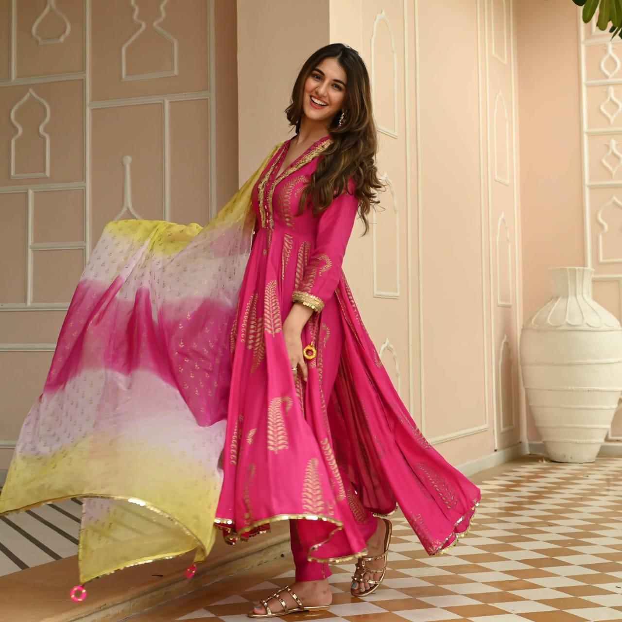 New Article For Festive Session Fabric Rayon Gold Printed Naira Cut Kurta with Pant & Dupatta Set