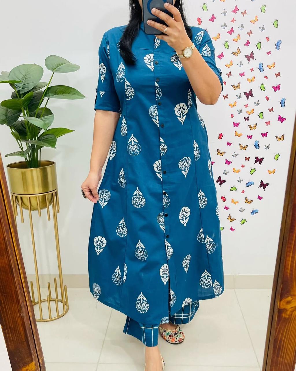 Pure Cotton Cambric Block Printed A-Line Kurti & Pant Set