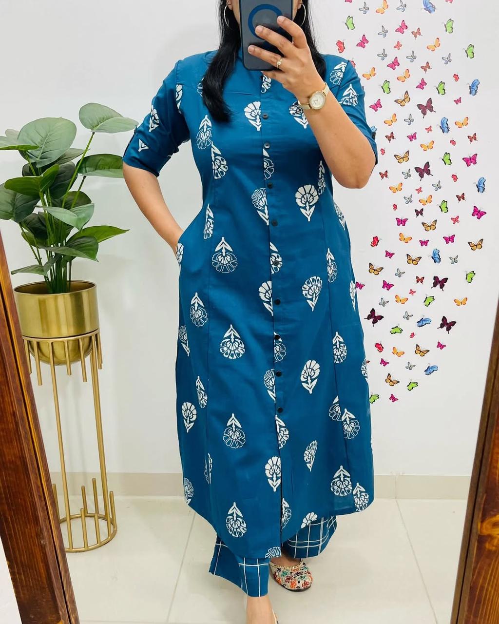 Pure Cotton Cambric Block Printed A-Line Kurti & Pant Set