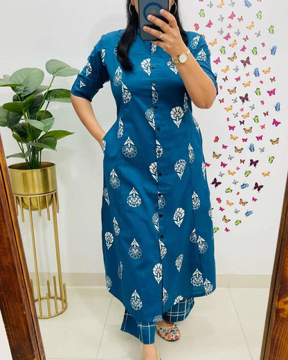 Pure Cotton Cambric Block Printed A-Line Kurti & Pant Set