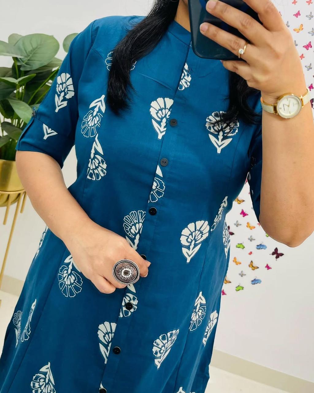 Pure Cotton Cambric Block Printed A-Line Kurti & Pant Set
