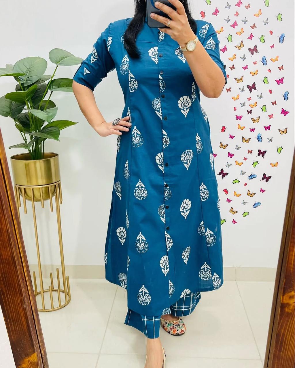 Pure Cotton Cambric Block Printed A-Line Kurti & Pant Set