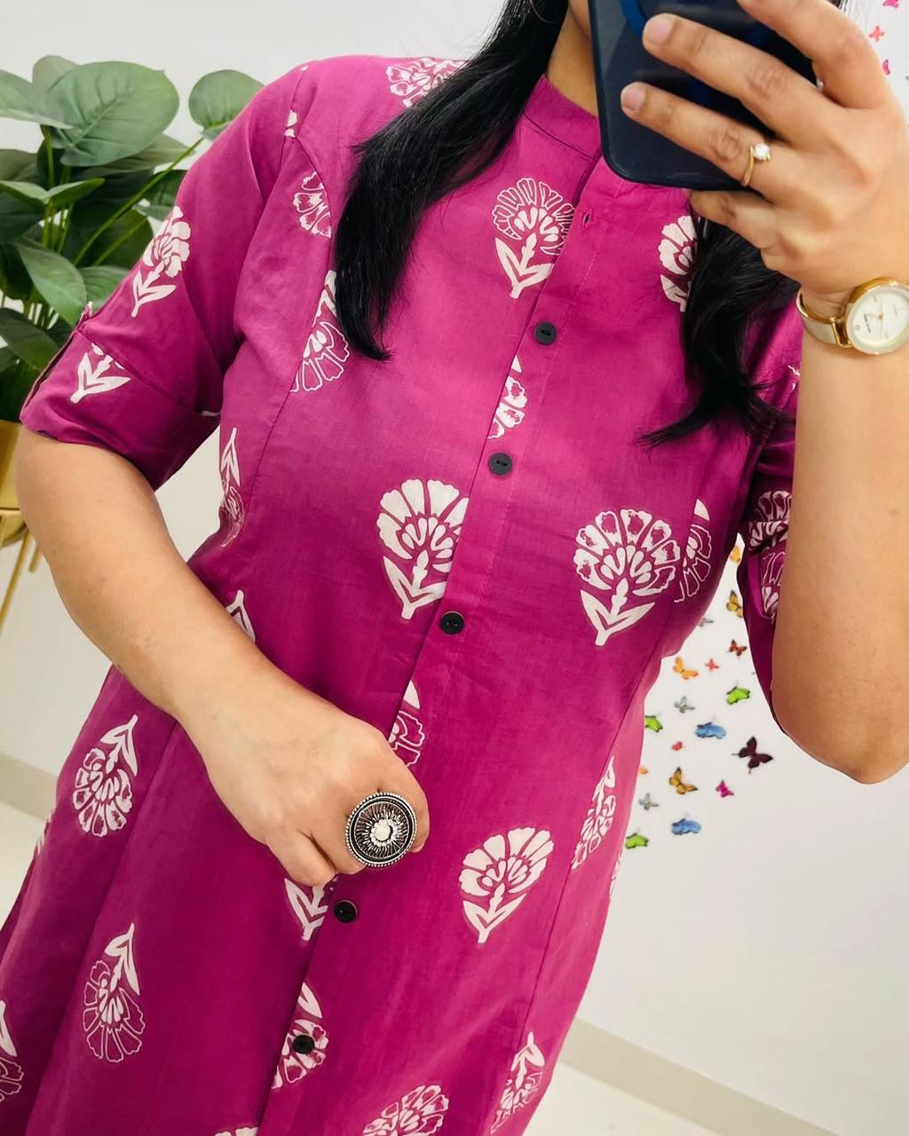 Pure Cotton Cambric Block Printed A-Line Kurti & Pant Set