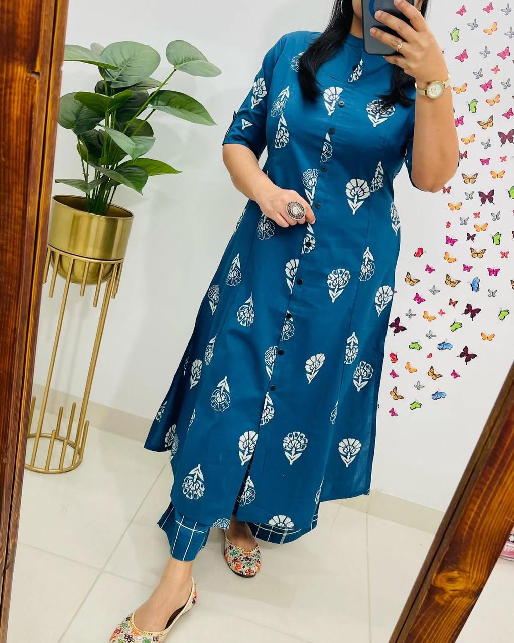 Pure Cotton Cambric Block Printed A-Line Kurti & Pant Set