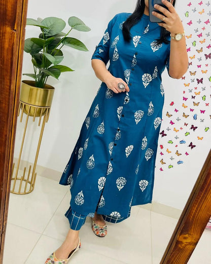 Pure Cotton Cambric Block Printed A-Line Kurti & Pant Set