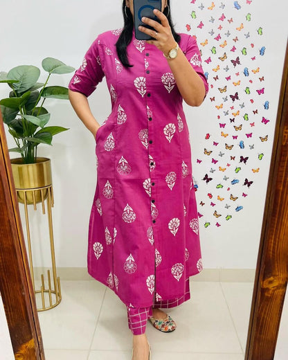 Pure Cotton Cambric Block Printed A-Line Kurti & Pant Set
