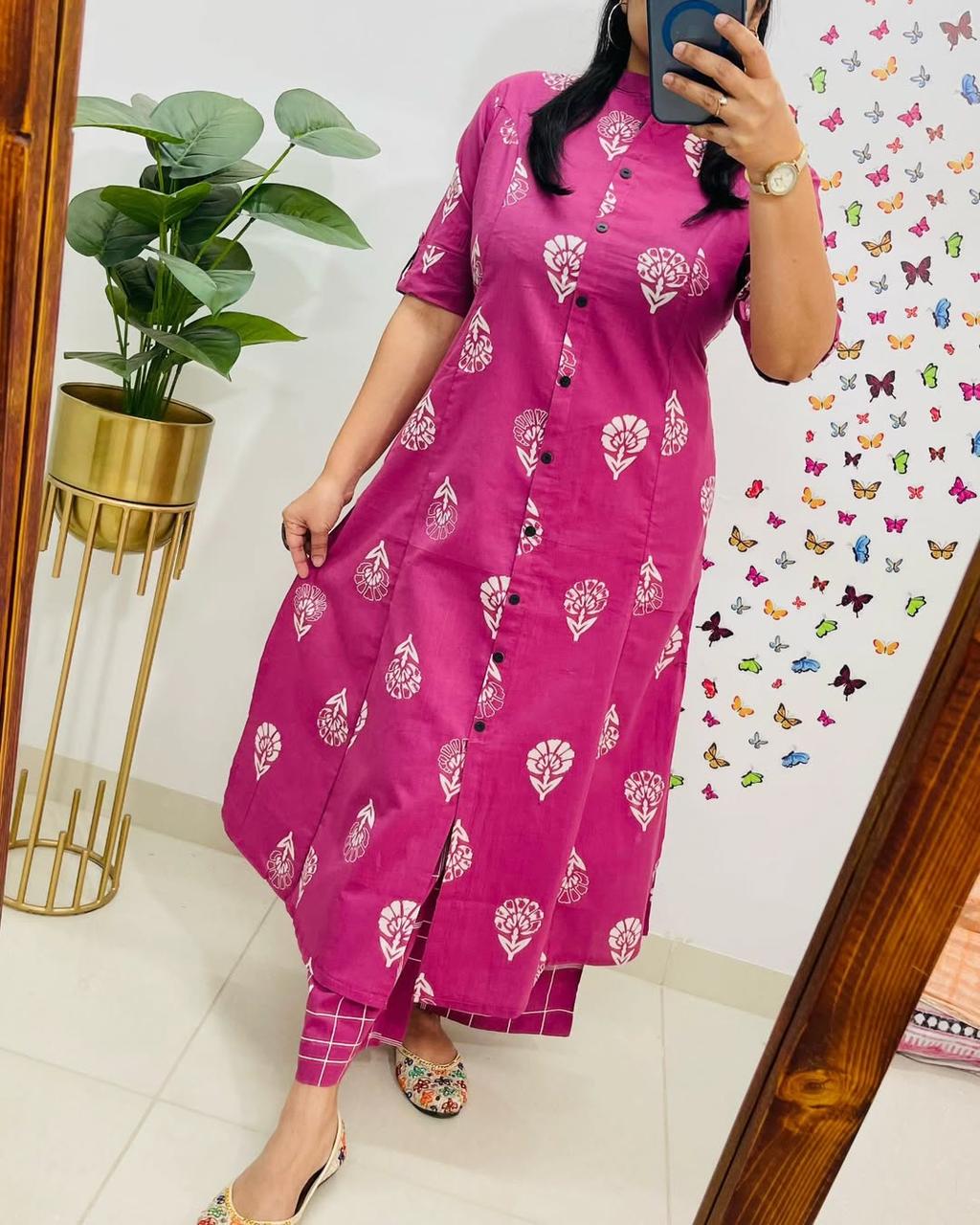 Pure Cotton Cambric Block Printed A-Line Kurti & Pant Set
