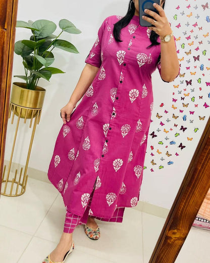 Pure Cotton Cambric Block Printed A-Line Kurti & Pant Set