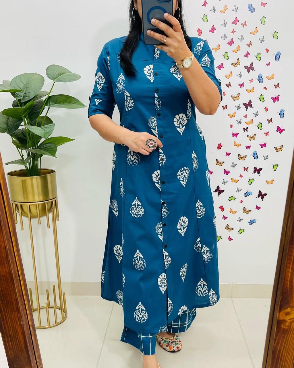 Pure Cotton Cambric Block Printed A-Line Kurti & Pant Set