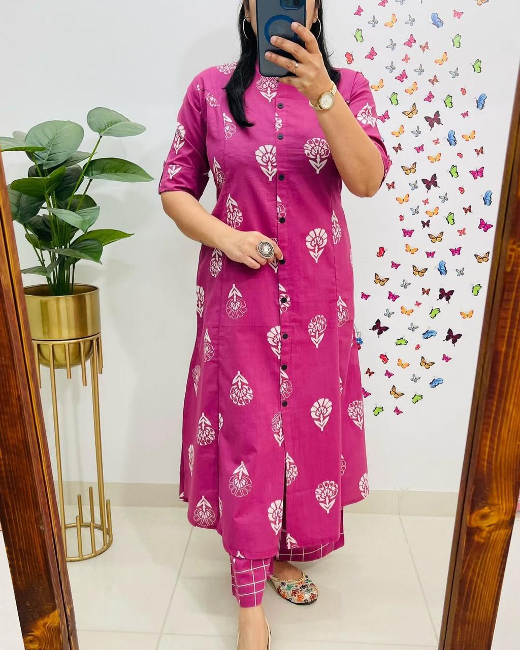 Pure Cotton Cambric Block Printed A-Line Kurti & Pant Set