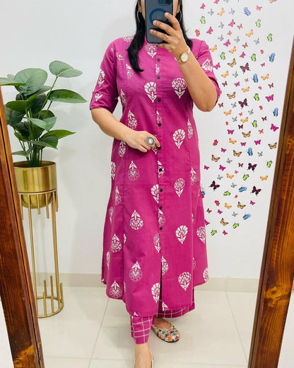 Pure Cotton Cambric Block Printed A-Line Kurti & Pant Set