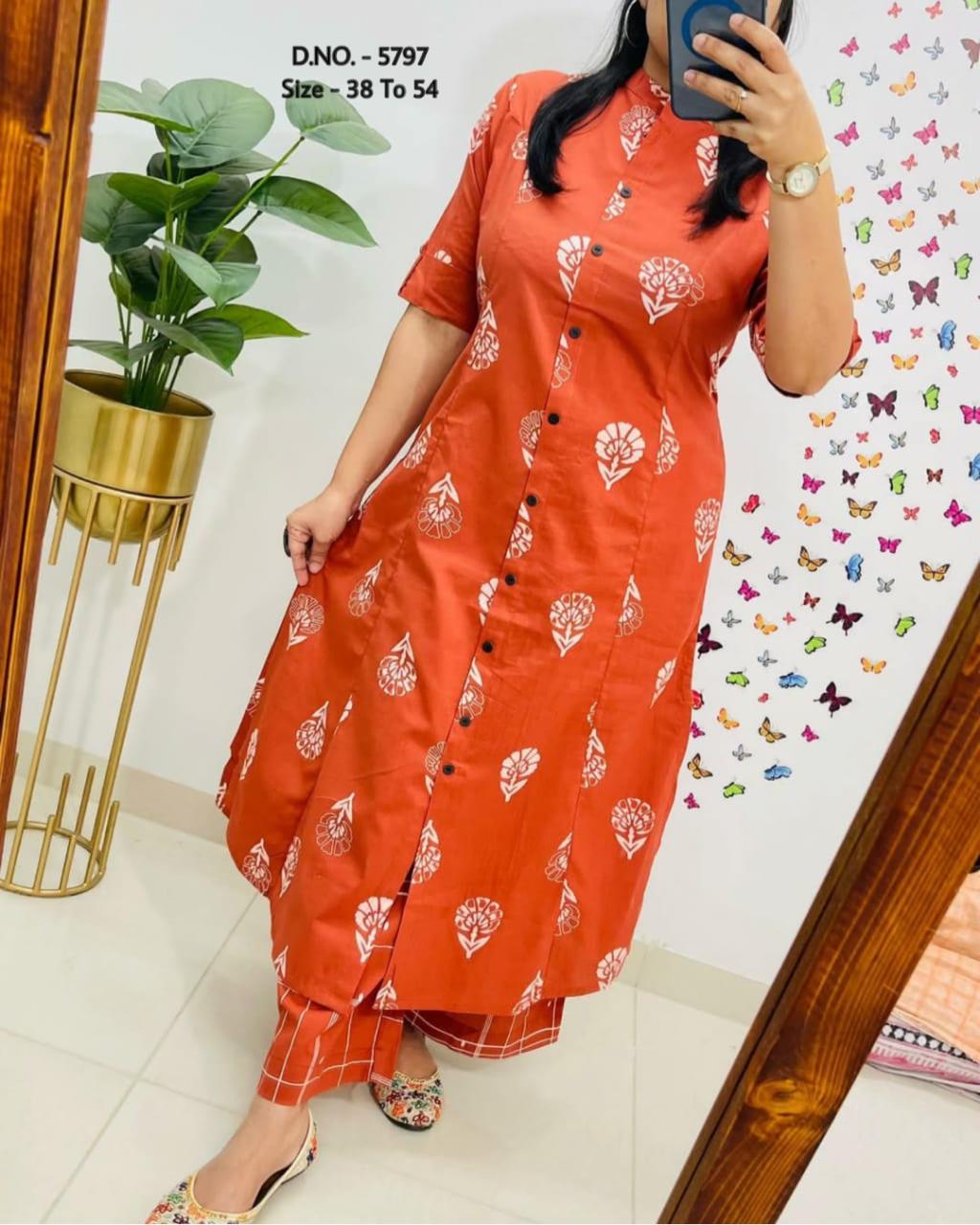 Pure Cotton Cambric Block Printed A-Line Kurti & Pant Set
