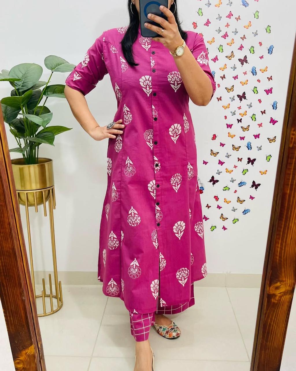 Pure Cotton Cambric Block Printed A-Line Kurti & Pant Set