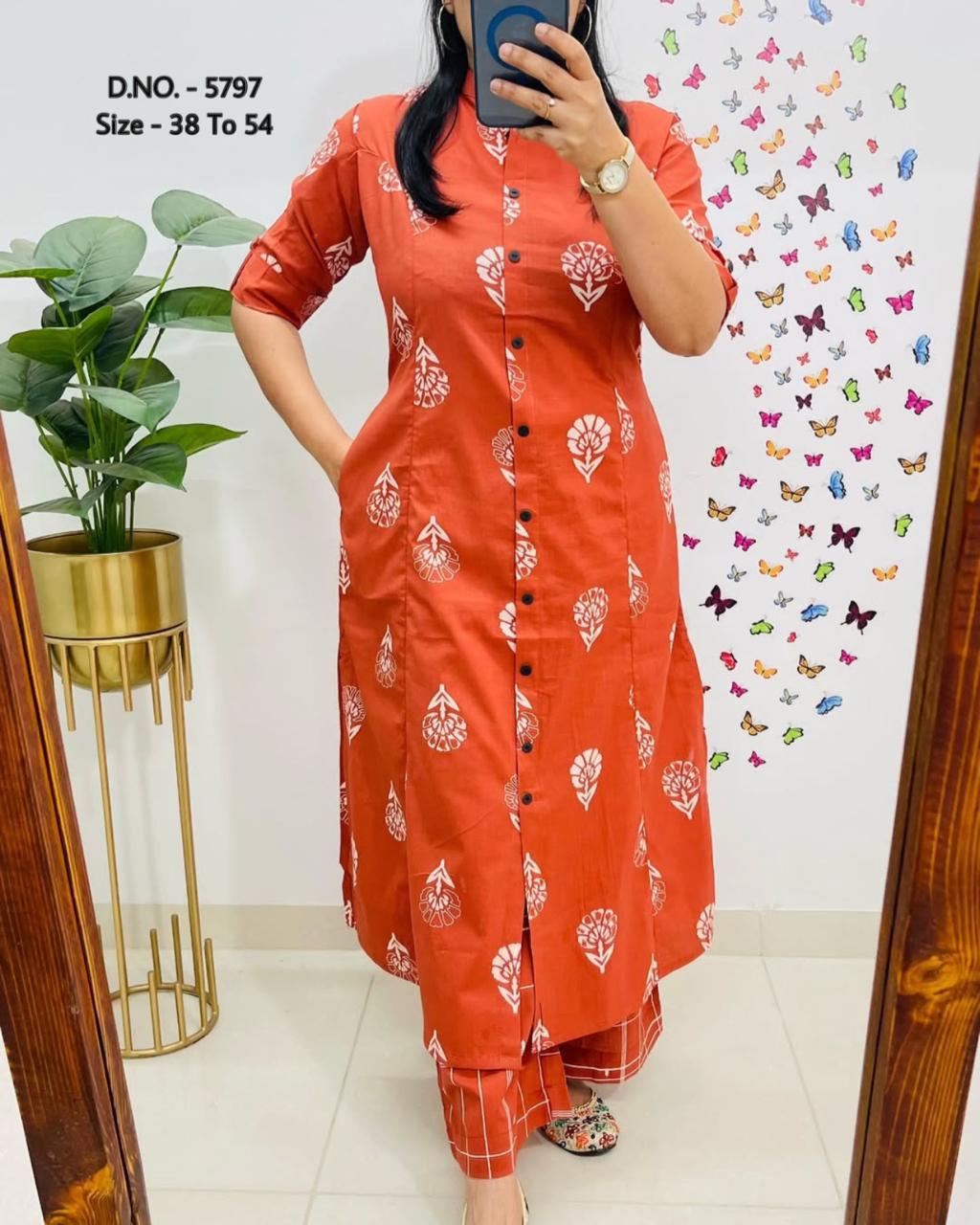 Pure Cotton Cambric Block Printed A-Line Kurti & Pant Set