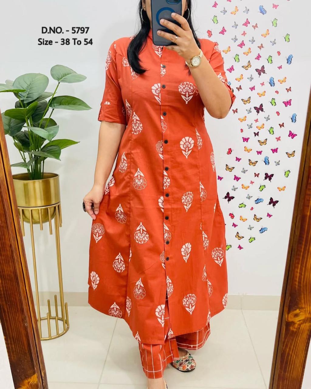 Pure Cotton Cambric Block Printed A-Line Kurti & Pant Set