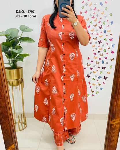 Pure Cotton Cambric Block Printed A-Line Kurti & Pant Set