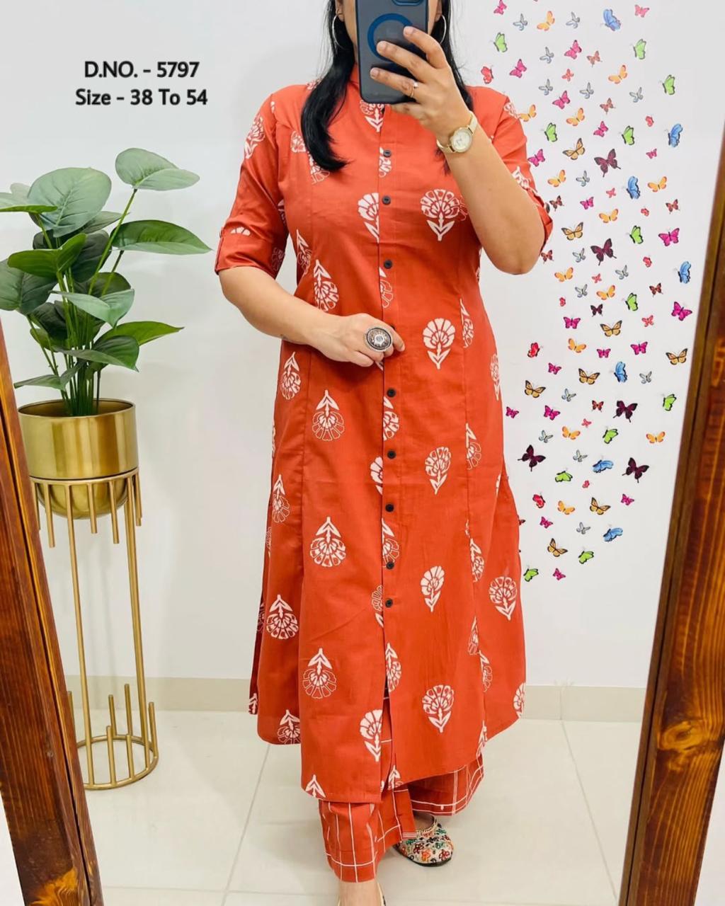 Pure Cotton Cambric Block Printed A-Line Kurti & Pant Set