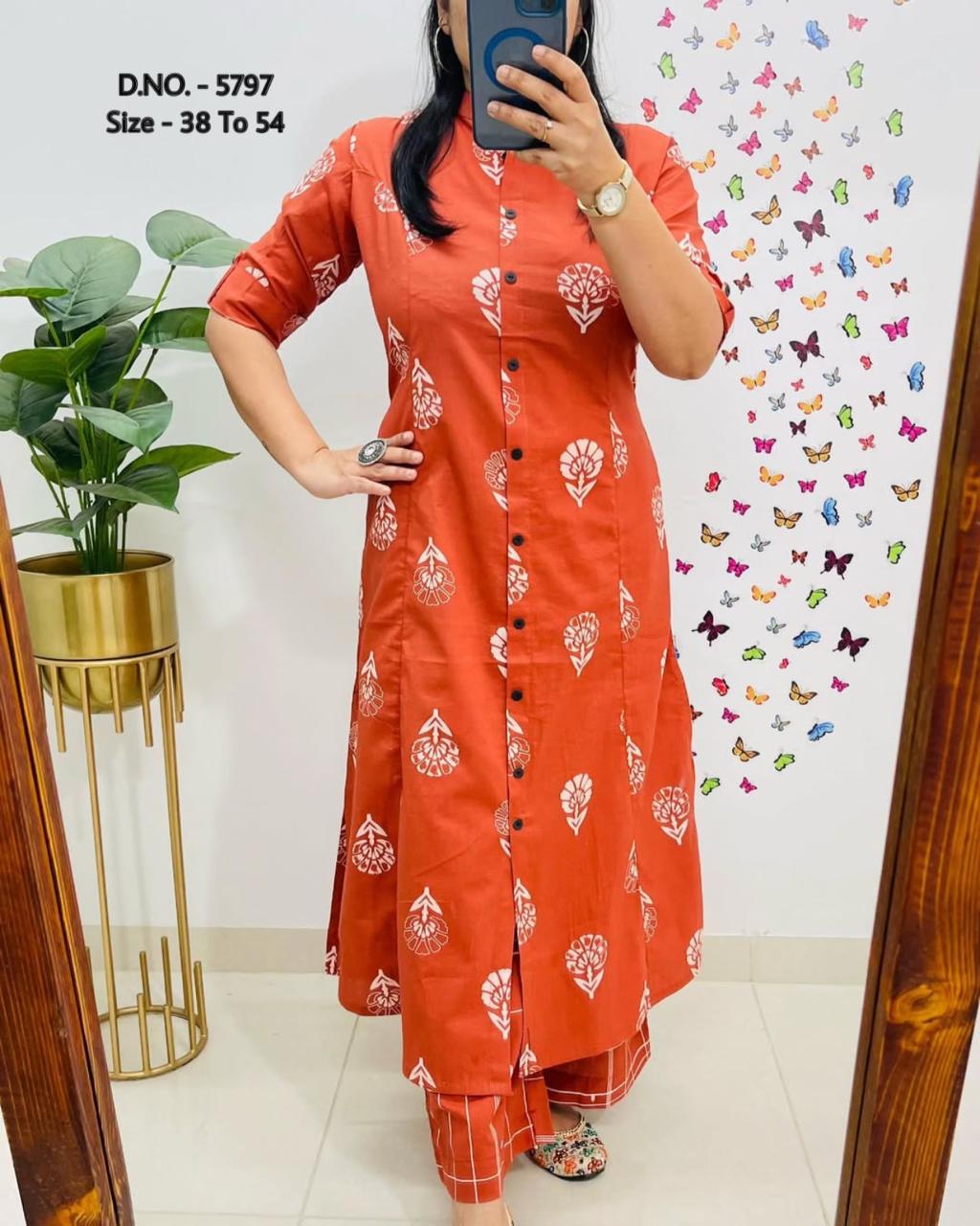 Pure Cotton Cambric Block Printed A-Line Kurti & Pant Set