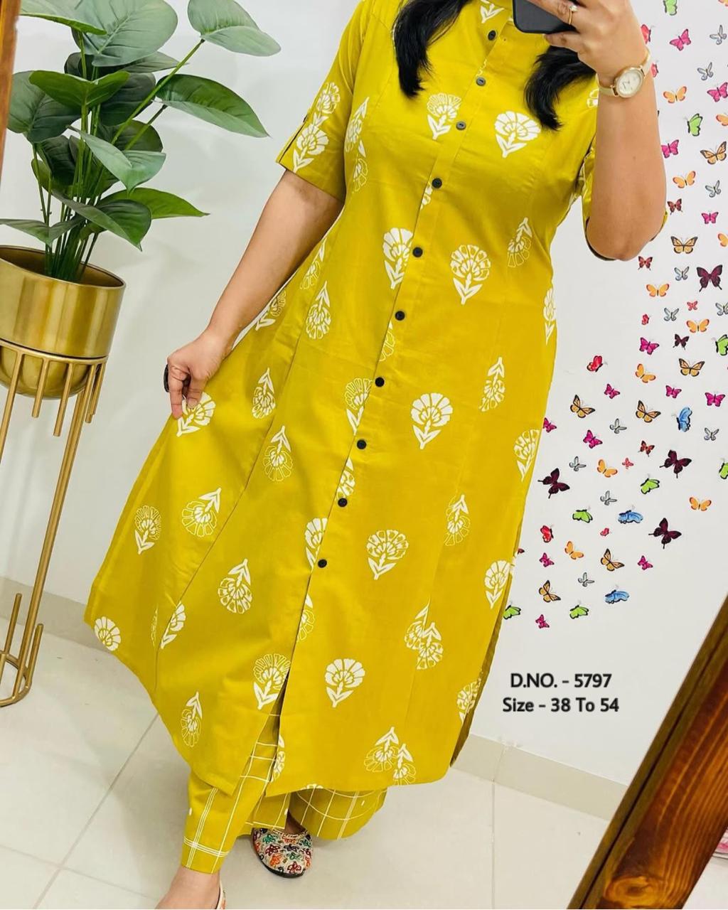 Pure Cotton Cambric Block Printed A-Line Kurti & Pant Set