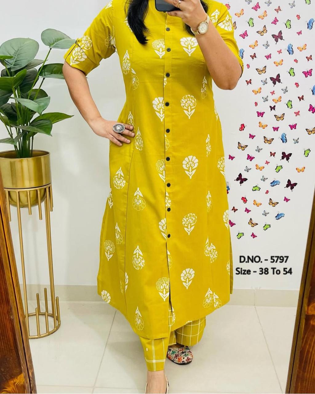 Pure Cotton Cambric Block Printed A-Line Kurti & Pant Set
